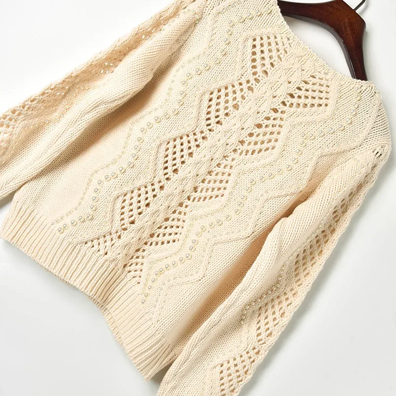 Hollow Out Beaded Sweater Women 2019 Spring New Slash Neck Crude Wool Line Knit Ladies Ruway Pullovers Chic Tops | Женская одежда