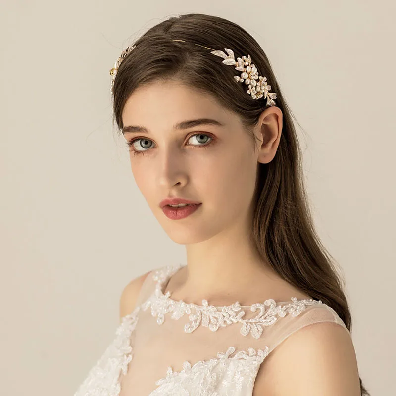 SLBRIDAL золотой сплав ручной работы проводной горный хрусталь кристалл пресноводный жемчуг свадебное украшение на голову свадебные аксессуары для волос женские украшения