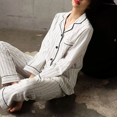 White Striped Pajamas Sets Women 2019 Casual Cotton Long Sleeve Sleepwear Suit 2 piece Sexy Spring Homewear Lounge pants suits | Женская
