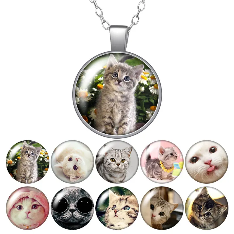 Lovely Little Cat Love Pet Photo Silver color/Bronze Pendant Necklace 25mm Glass Cabochon Girl Jewelry Birthday Gift 50cm