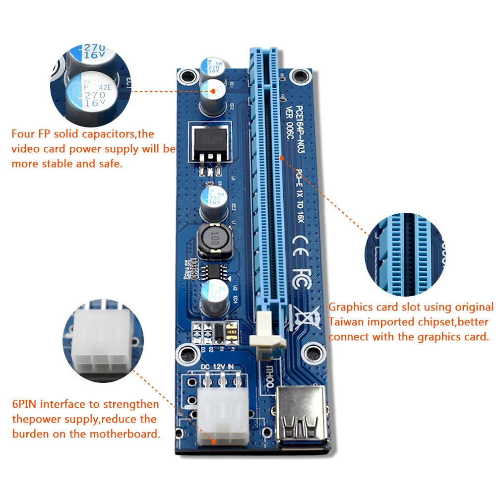 TISHRIC VER006C Riser Card PCI-E расширитель 1x до 16x PCI Express SATA 6Pin IDE питание для BTC Miner 60 см USB 3 0
