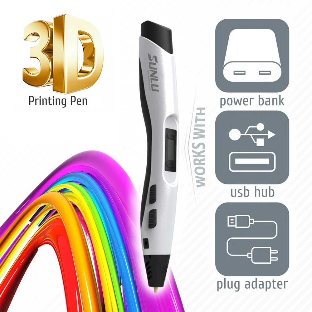 SUNLU 300A 3d Ручка Горячая Распродажа интеллектуальная Живопись 3d печать Ручка светодиодный дисплей расходные PCL PLA ABS нити 1,75 мм черный цвет