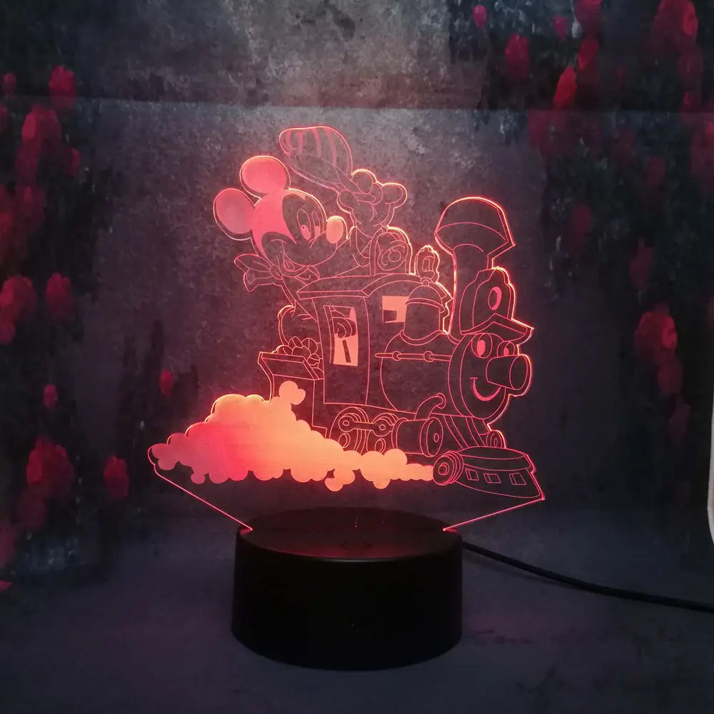 Новый стиль милый Микки Маус Вождение поезд 3D LED Сенсорная лампа настольная