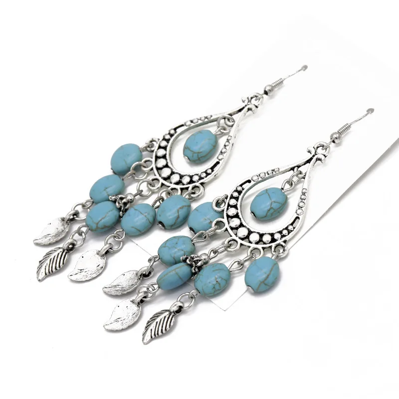 Серьги-гвоздики в богемном национальном стиле ручной работы украшенные бирюзой