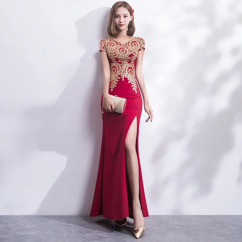 2018 вышивка Cheongsam длинное традиционное китайское винтажное платье красное