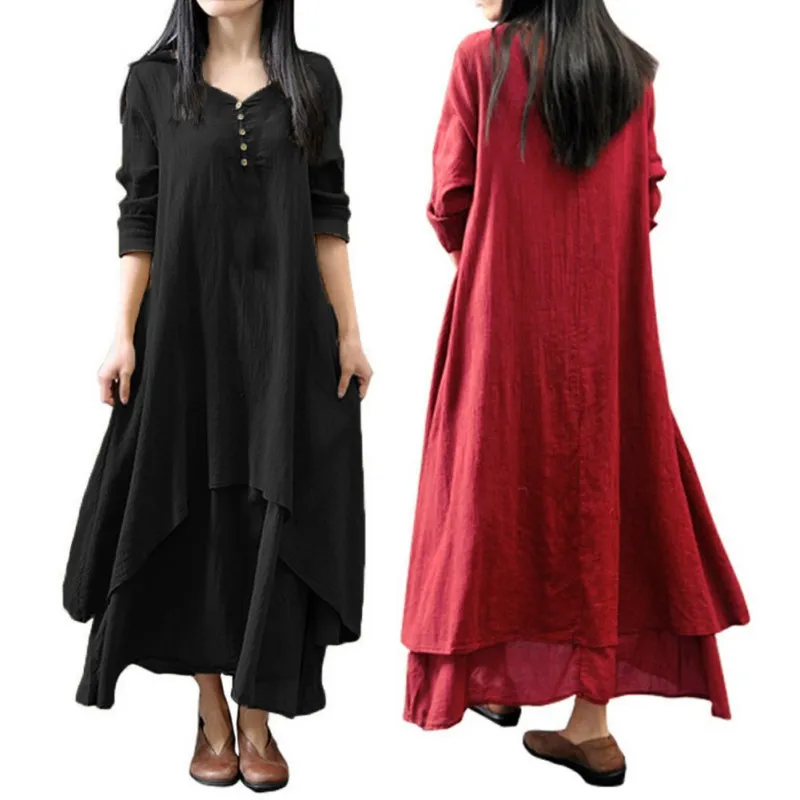 Горячее предложение Новое Женское платье свободное хлопковое и с длинным рукавом с v-образным вырезом платье с длинным рукавом Бохо этнические платья плюс размер