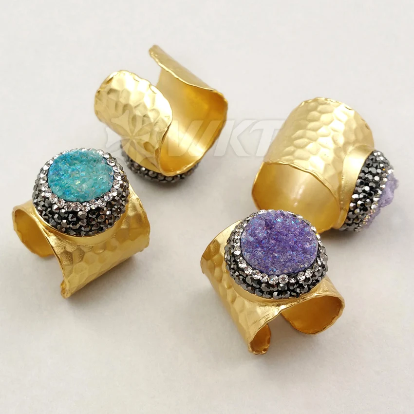 WT-RR010 Wholesale Custom CZ Paved Natural Round Linght Color Druzy Quartz Rings With Gold Adjustable Size For Women | Украшения и