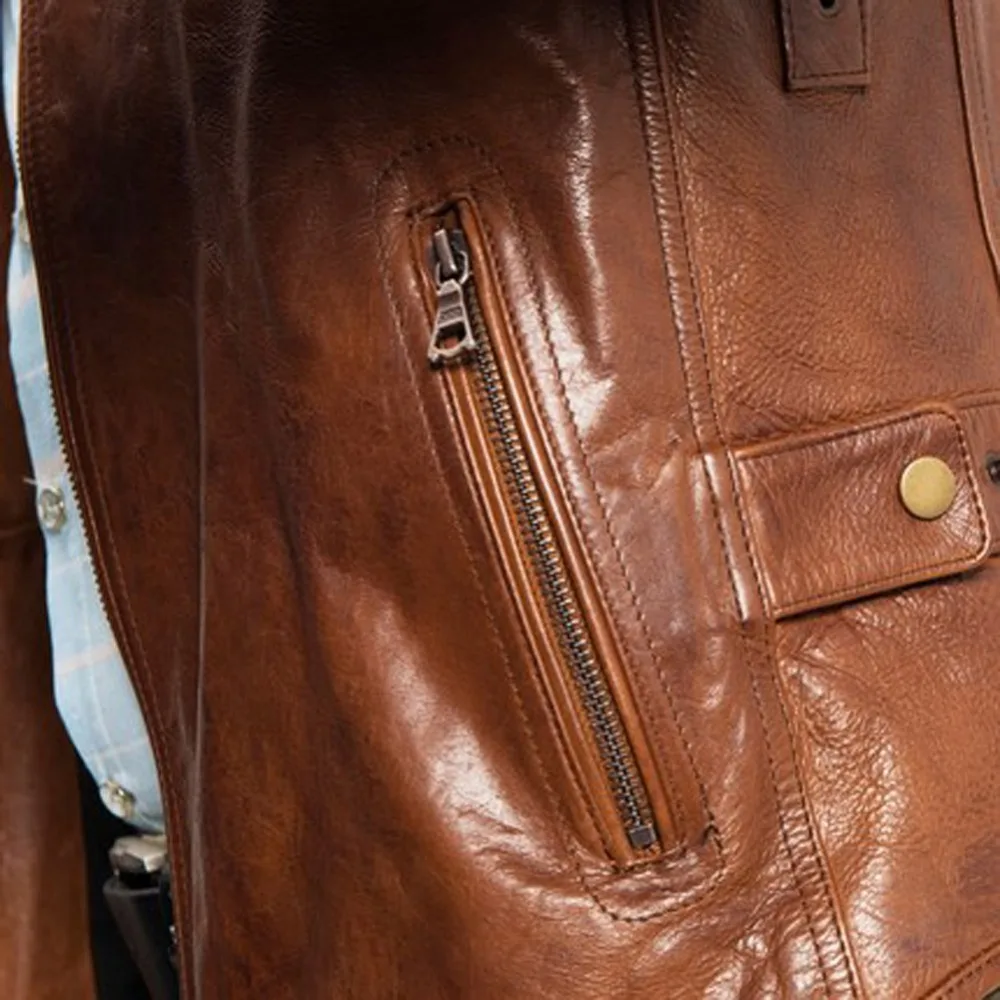 Мужская куртка из коровьей кожи облегающая мотоциклетная 100% натуральной TJ8103|jacket