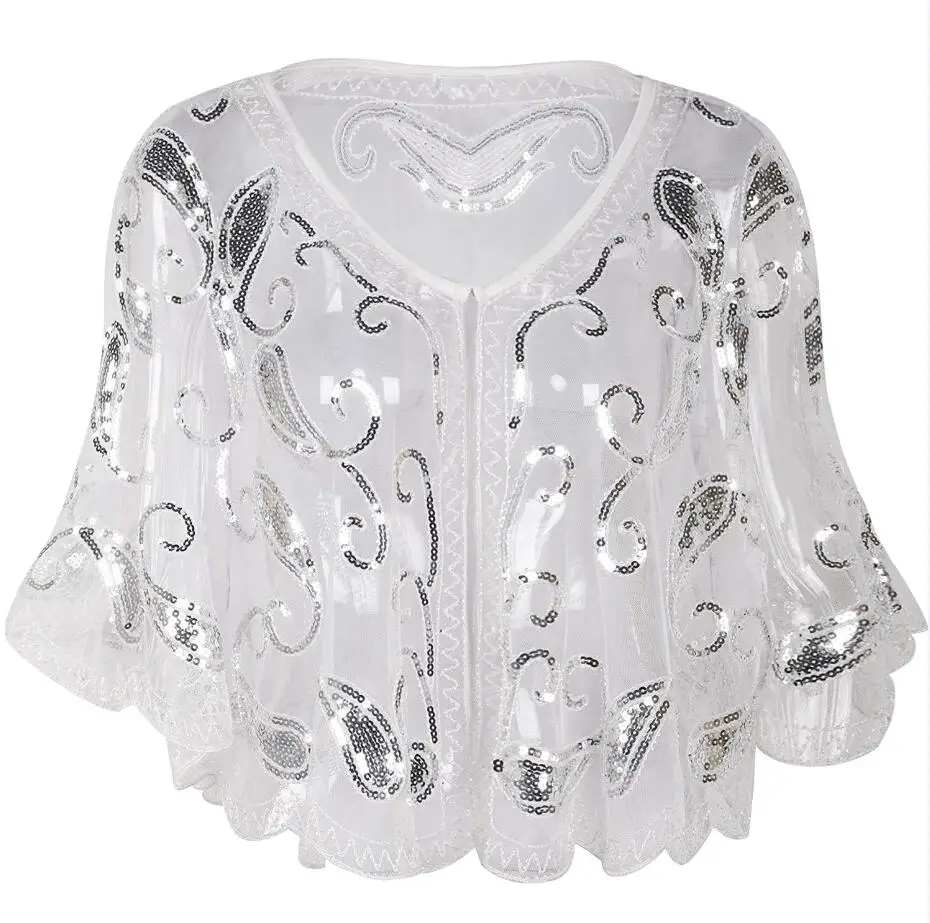 White Silver JaneVini Blingbling расшитый блестками женский плащ вышитая бисером Свадебная кофта Болеро шаль черные Серебряные Блестки вечерние свадебные куртки палантин - Цвет: White Silver