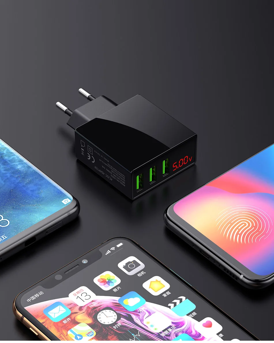 ROCK USB зарядное устройство для iphone зарядное устройство светодиодный дисплей 3 USB 5 в 3 А Быстрая зарядка настенное зарядное устройство для iphone samsung Xiaomi Max 2.4A зарядка