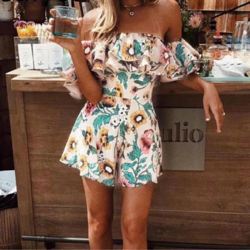 Женский праздничный пляжный комбинезон Boho короткий с открытыми плечами оборками