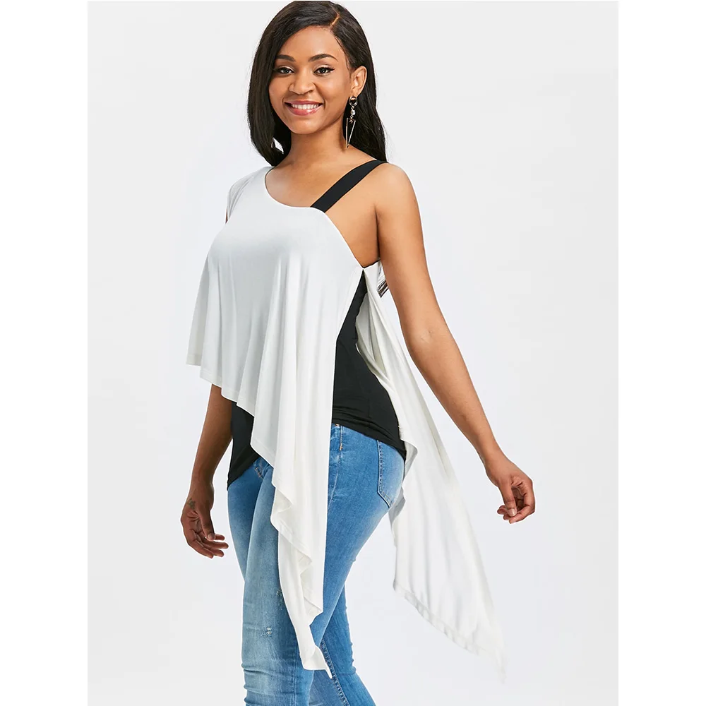 VESTLINDA/Асимметричная футболка с цветным блочным воротником черного и белого цвета