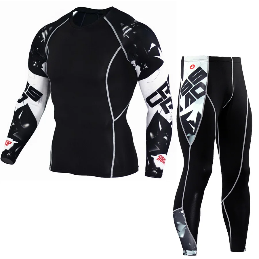 

2020 Newest Fitness Compression Sets T Shirt Men 3D Printed MMA Crossfit Muscle Shirt Leggings Base Layer Tight Tops