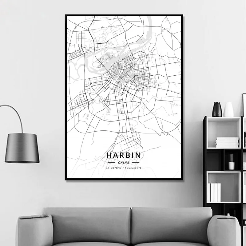 Harbin China Modern City Map Canvas Art Print Home Room Decor Poster | Дом и сад