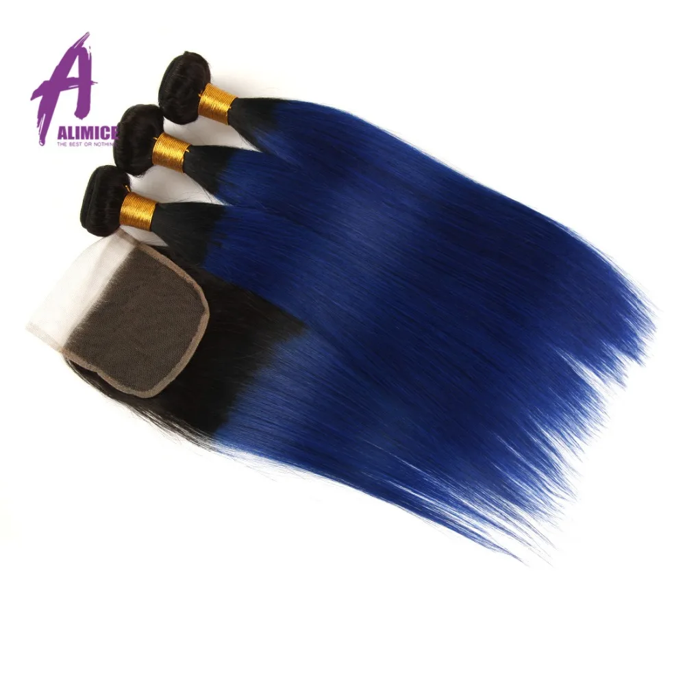 Волосы Alimice прямые синие бразильские волнистые 3/4 пучка с закрыванием T1b/Blue Remy |