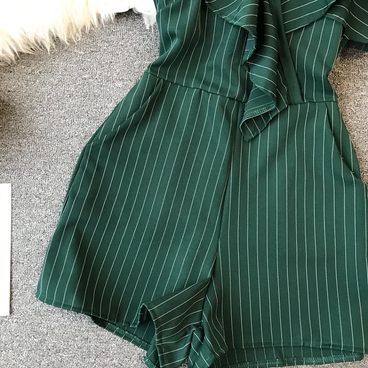 ALPHALMODA, летний женский короткий комбинезон с рюшами, неровный, с открытыми плечами, с высокой талией, женские стильные комбинезоны в полоску, Модный комбинезон