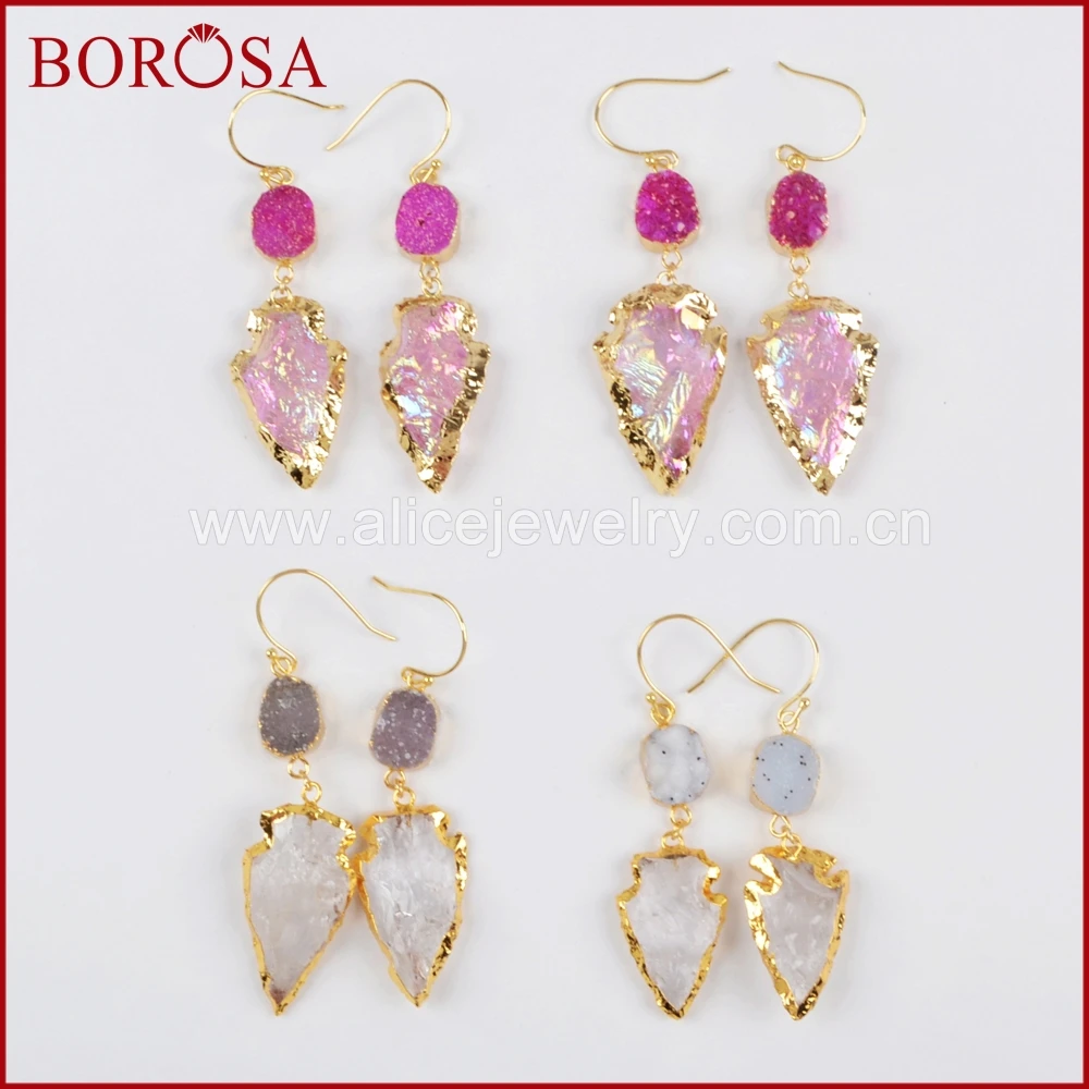 

BOROSA 5 пар золотистого цвета, белые/фоторозовая Друза, висячие серьги, друза для женщин и девушек G1472