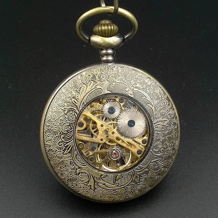 Bronze Tone Steampunk Skeleton Mechanical Hand Wind Pocket Watch w/Chain Half Hunter Luxury Timepiece | Наручные часы