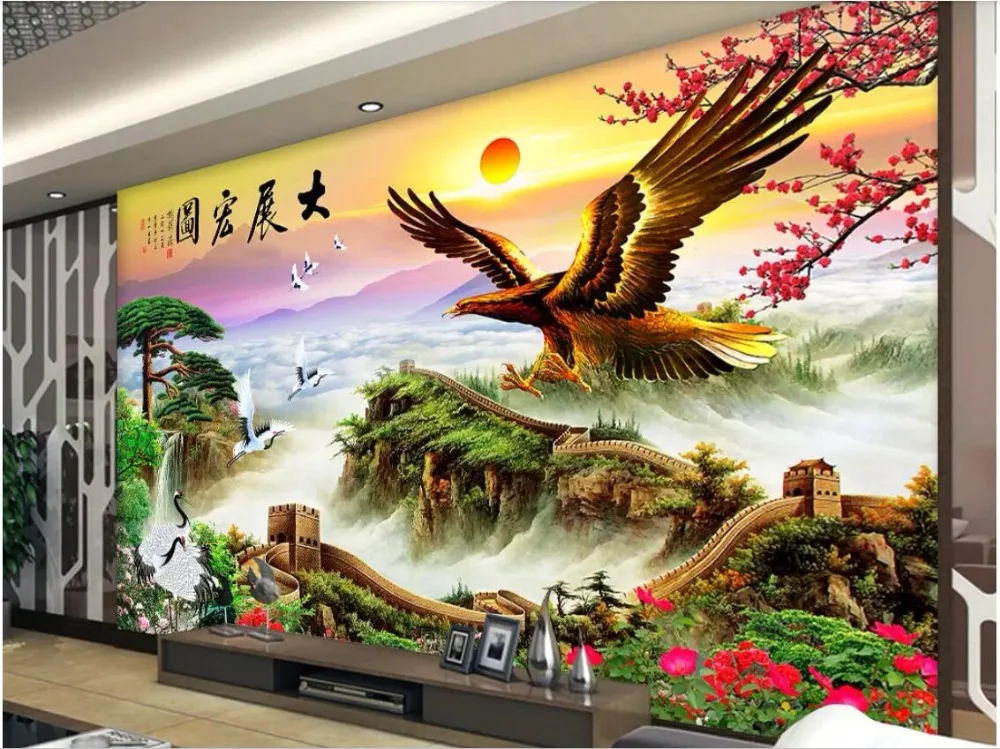 Custom photo mural 3d wallpaper Chinese Great Wall Eagle Flight Scenery decor living room 3d wall mural wallpaper for walls 3 d