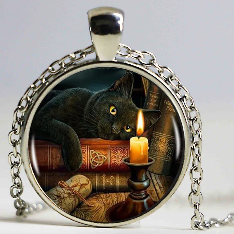 Черная кошка Wicca стеклянный логотип Круглый Кулон Женский чокер массивное черное