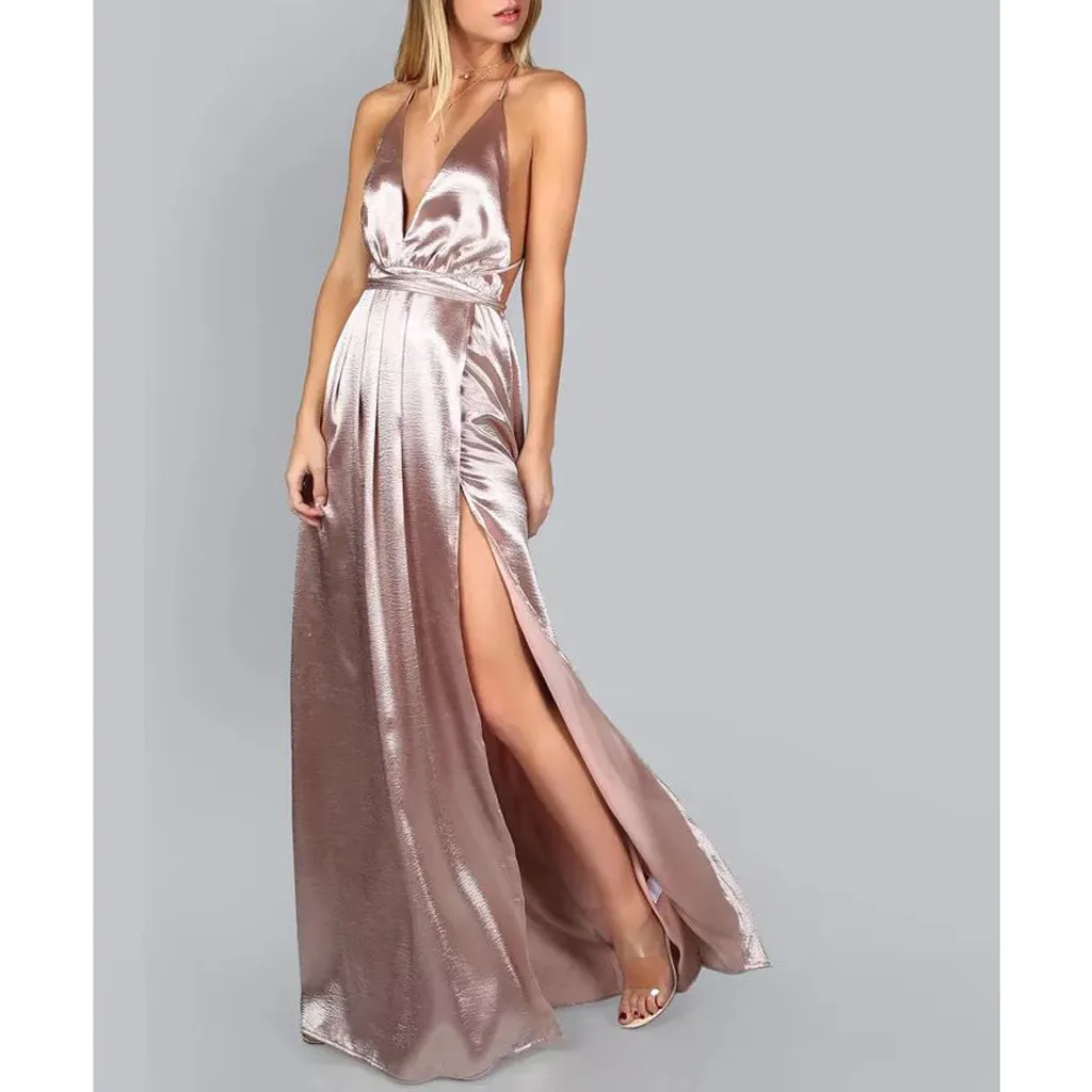 Женское атласное платье без рукавов с v-образным вырезом и открытой спиной