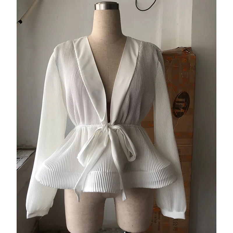 Bow tie waist ruffles hem blouse shirt women Long sleeve v neck Summer chiffon tops femme white wrap blusas streetwear | Женская одежда