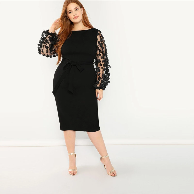SHEIN женское элегантное черное платье-карандаш больших размеров с аппликацией, Сетчатое платье с рукавом-фонариком, приталенное платье с поясом для вечеринок