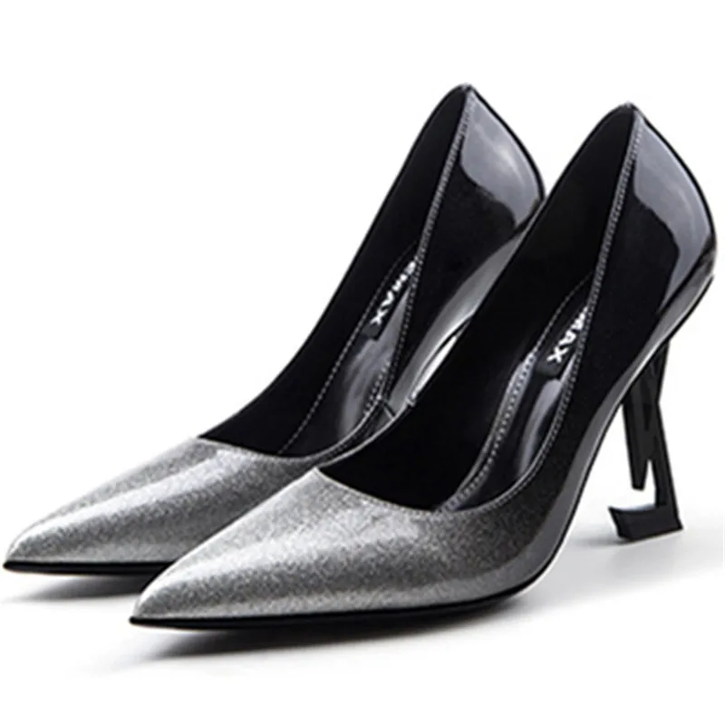 Женские модельные туфли-лодочки на необычном каблуке; Туфли-гладиаторы из лакированной кожи на высоком каблуке; Брендовые вечерние свадебные туфли для невесты; женская обувь; chaussure femme - Цвет: as pic