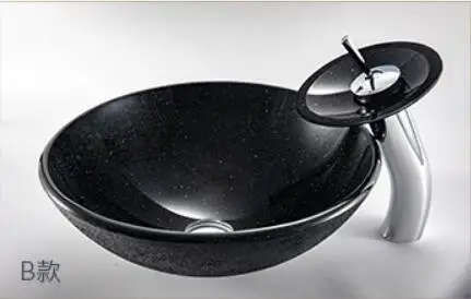 

Bathroom Boat-shaped Tempered Glass Sink Cloakroom Counter Top Black Gold Spot Washbasin BWY18-094
