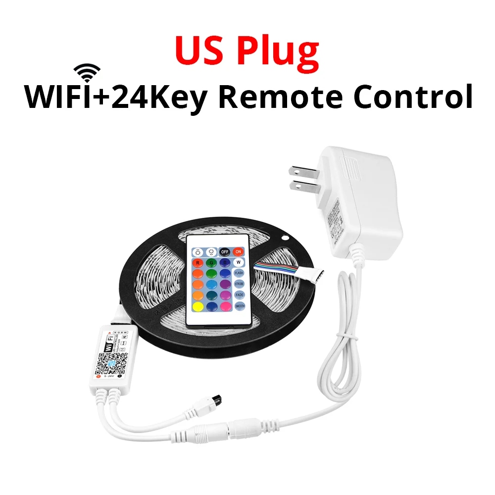 WIFI 24keys US Plug 5 м/компл. RGB RGBW RGBWW WI-FI Светодиодные ленты Light 5050 светодио дный свет светодио дный s Лента диод ленты Беспроводной WI-FI контроллер DC12V адаптер Комплект - Испускаемый цвет: WIFI 24keys US Plug