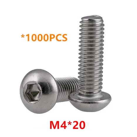 

1000pcs M4*20 Hex Socket Button Head Screws A2-70 Stainless steel Round head Mushroom Bolts ISO7380