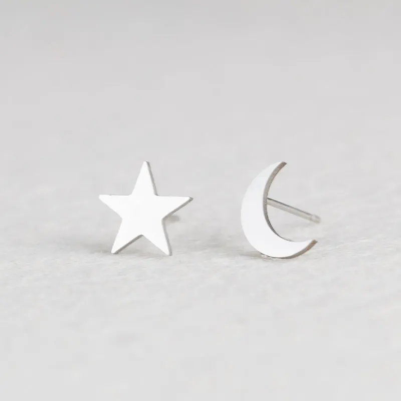 Silver Moon Star Золотые и серебряные минималистичные серьги из нержавеющей стали для женщин, трендовые корейские серьги-гвоздики со звездами и кошками, модные ювелирные изделия - Окраска металла: Silver Moon Star