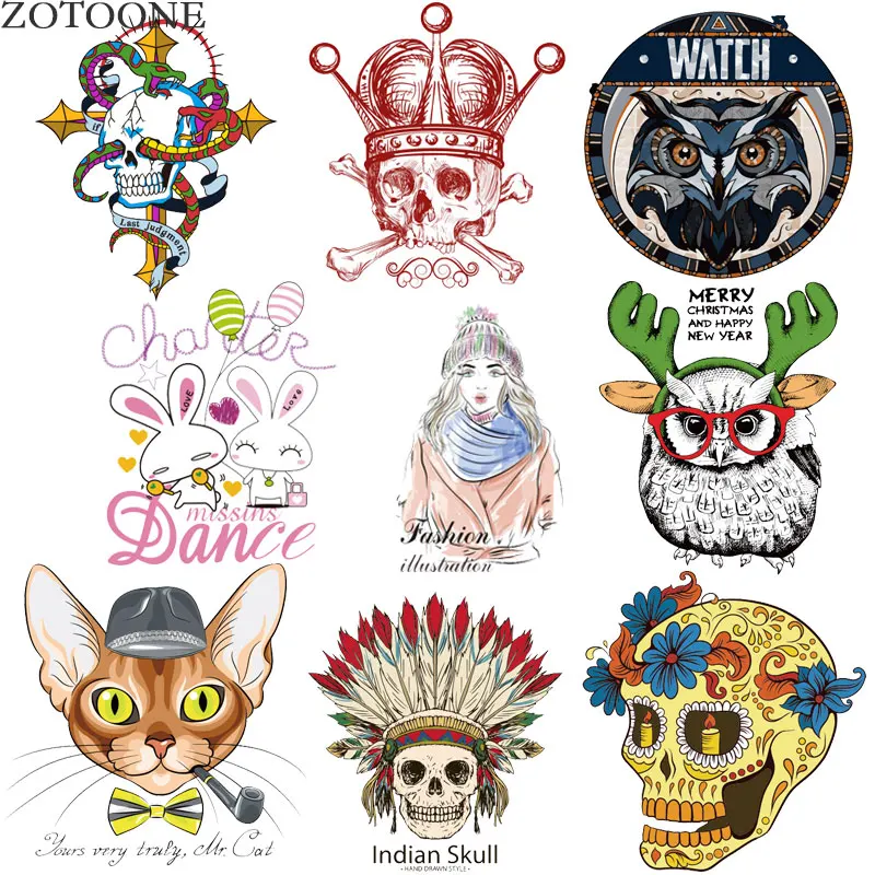 

Cute Animal Iron on Owl skull Dog Patches for Kids Clothes DIY T-shirt Appliqued Heat Transfer Vinyl Stickers Thermal Press D