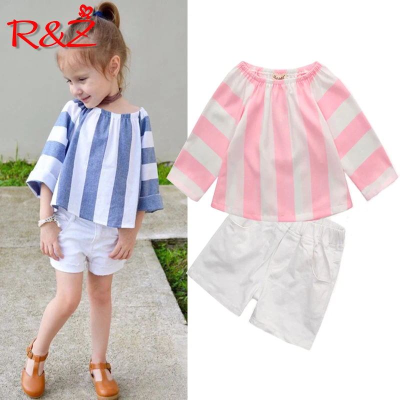 

R&Z 2019 Summer Girls Set Infant Stripe One-Shoulder Top T-Shirt White Shorts Cotton Comfort Two-Piece Set