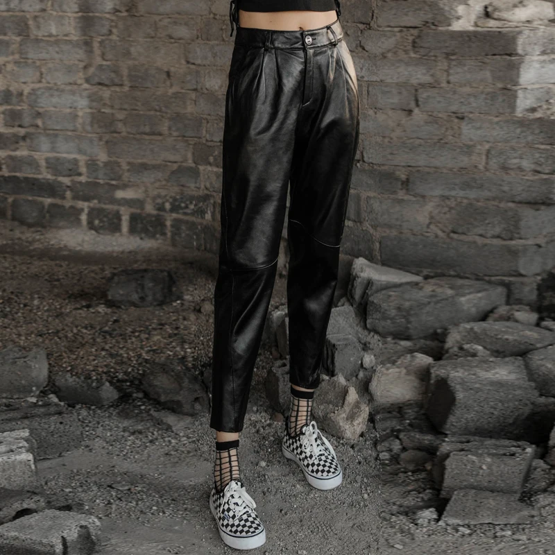 Autumn Women Large Size 4XL Leather Harem Pants Casual Real Leather Lambskin Pencil Pants Ladies Streetwear Female Slim Trousers