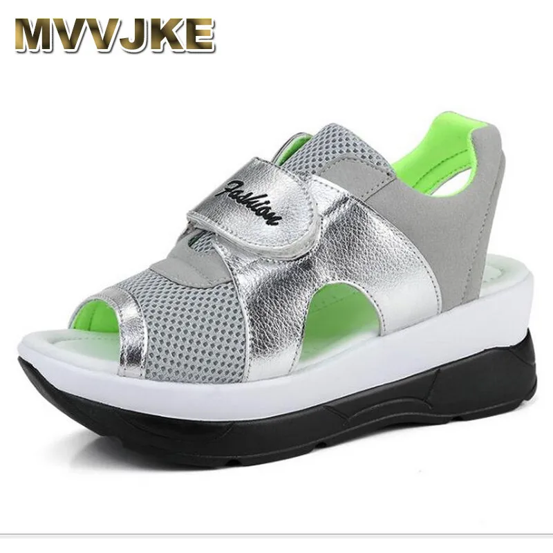 

MVVJKE Summer Women's Sandals Casual Mesh+Microfiber Breathable Shoes Woman Comfortable Wedges Lace Platform Sandalias