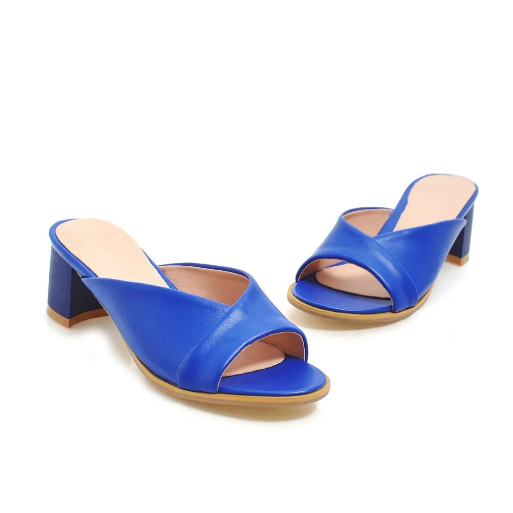 

2019 Ladies Slippers New Women Slippers Summer High Quality Square High Heels Pumps PU Leather Shoes Woman Sandals Open Toe Shoe