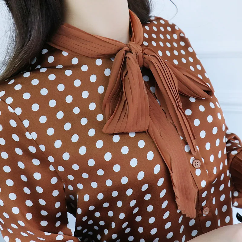 New Fashion 2018 Spring Summer Women Blouse Tie Collar Long Sleeve Polka Dot Printed Chiffon Shirt Tops B59 |