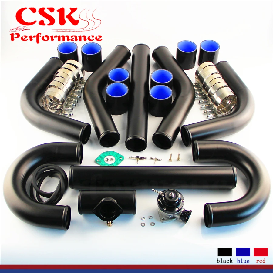 Universal DIY 2.5&quot / 2.75&quot Aluminum Intercooler Piping Pipe Silicone hose T-clamps + Turbo Flange BOV Kit Black |
