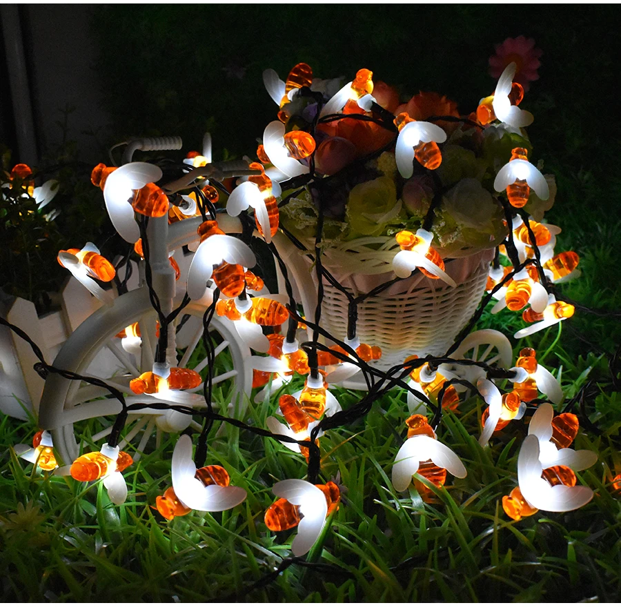 Bee String Lights 20/50 Led Outdoor Solar Power LED Strings Waterproof Garden Patio Fence Gazebo Summer Night Light Decoration