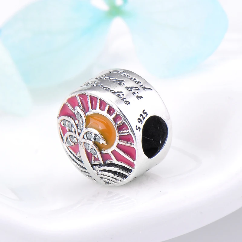 Летний пляж солнце пейзаж кокосовое CZ бисер 925 пробы серебро Подходит Pandora Шарм браслет ювелирных изделий