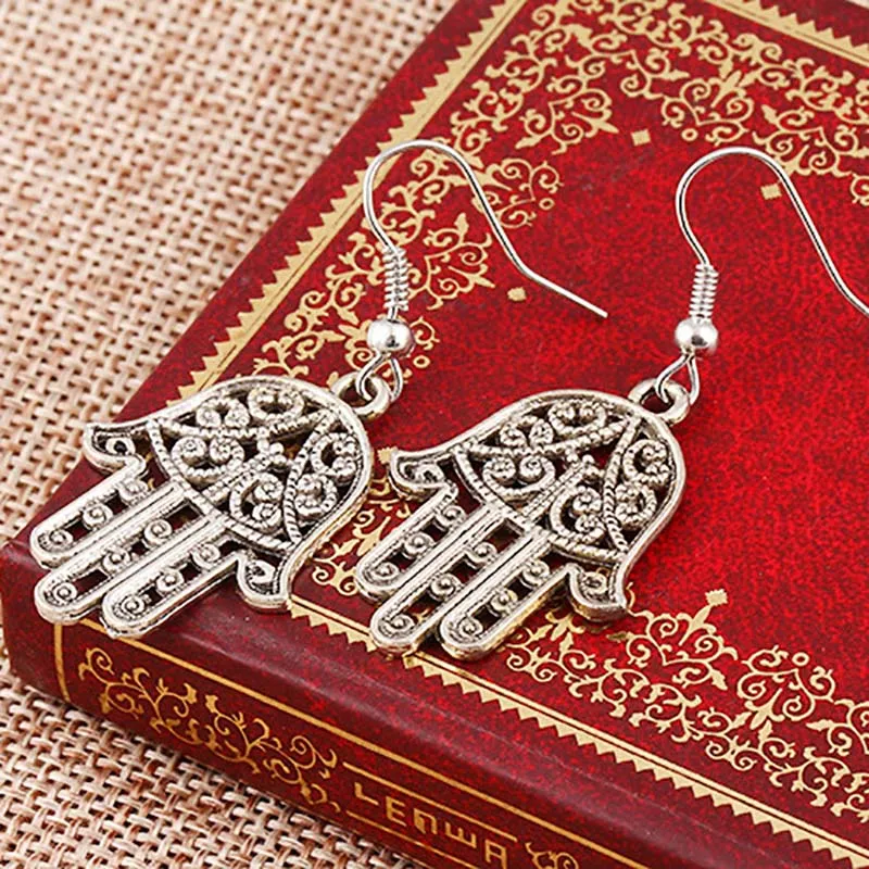 Античные с серебристым покрытием Фатима серьги руки для открытые женские