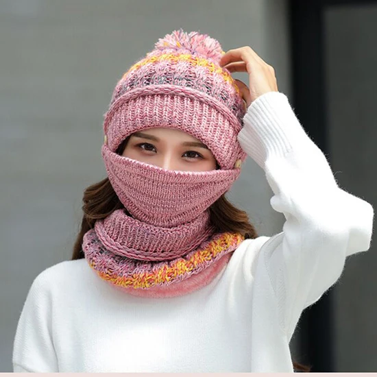 Ymsaid, зимняя женская шапка, Skullies, теплые шапки, женский шерстяной шарф, маска, шапка, шапки, набор из 3 предметов, Балаклава, шапочка, лыжная вязаная шапка - Цвет: pink