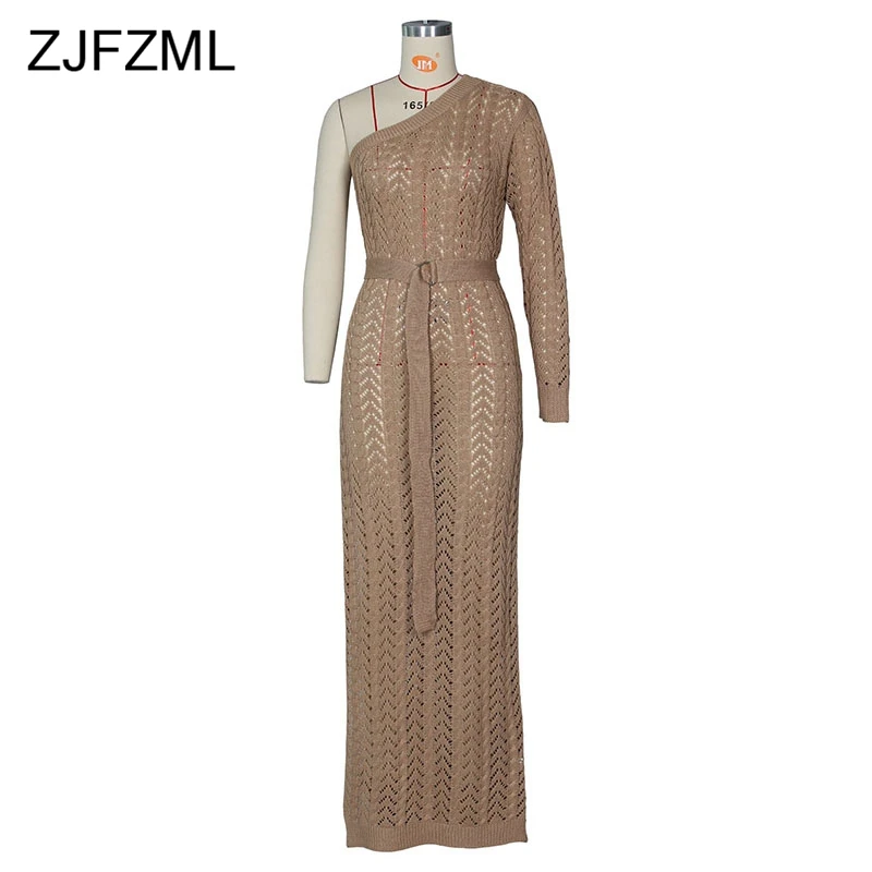 Женское трикотажное платье на одно плечо длинное пляжное с длинным рукавом и