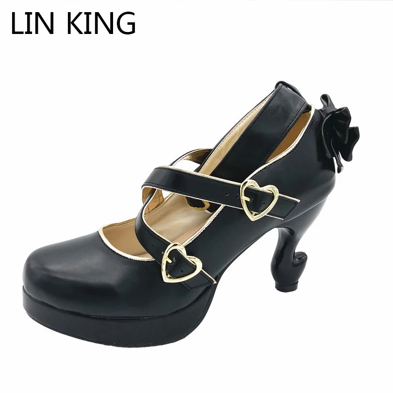 LIN KING/Фирменные туфли Лолиты на необычном каблуке; женские туфли-лодочки для косплея с бантиком и плотными ремешками; пикантные женские туфли на высоком каблуке