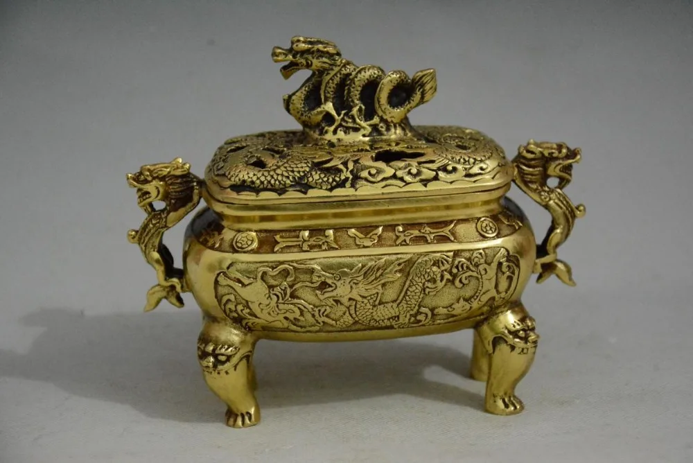 Старинная китайская Qing dynasty медь кадильница древнее письмо дракон лучшая