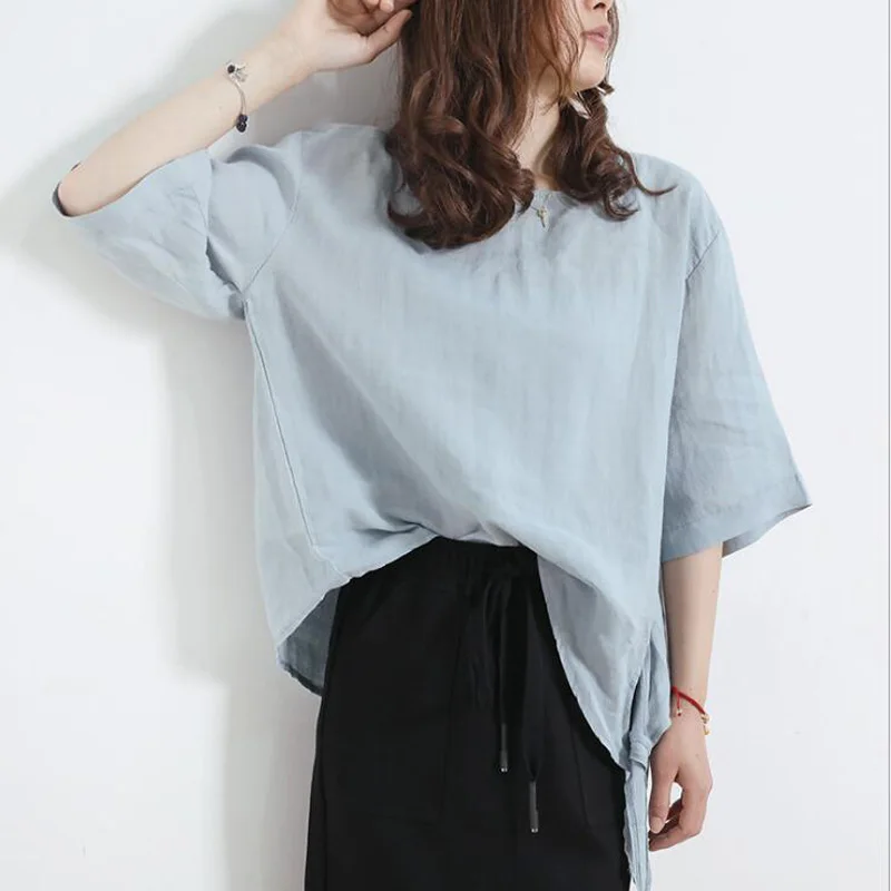 

2018 Summer Women Blouses Cotton Shirt O Neck Bow Short sleeve Loose Ladies Blouse Female Top