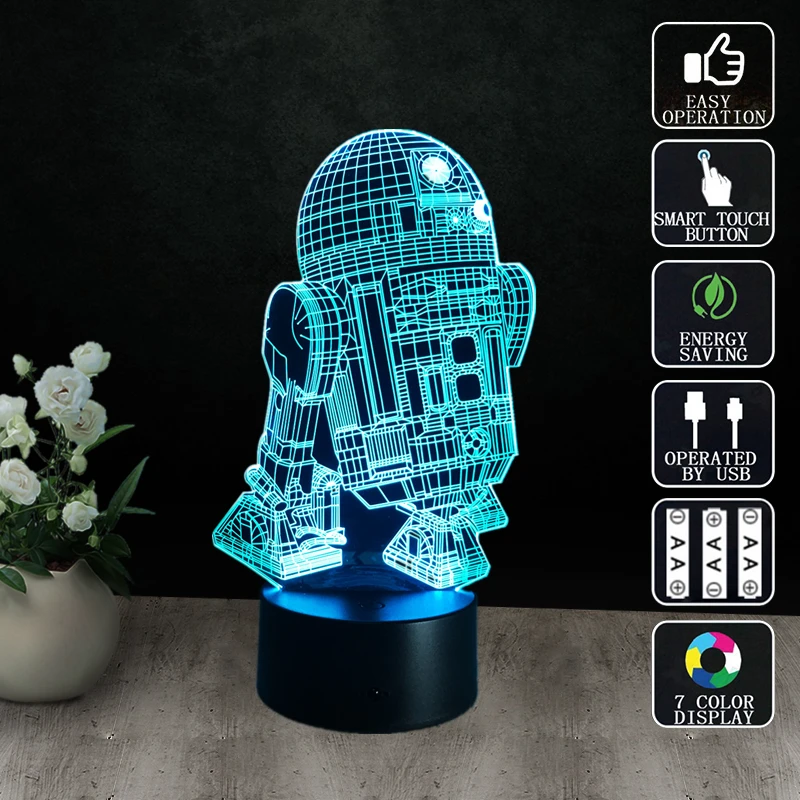 Новинка, Звездные войны, R2-D2, робот, 3D ночник, светодиодный стол для ночника, USB, ночник, светильник для детей, беспроводной настенный светильник