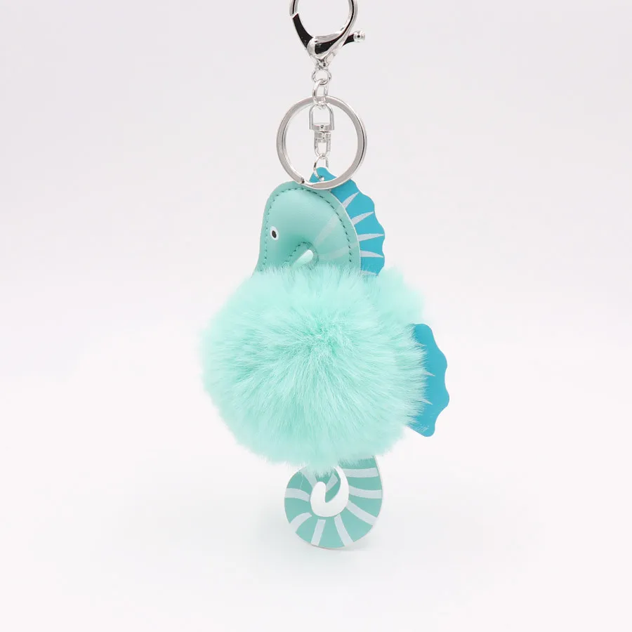 New Fashion Faux Fluffy Puff Ball Lovely Leather Seahorse Pompom Keychain car Key Chain Ring Women handBag Pom pom Jewelry