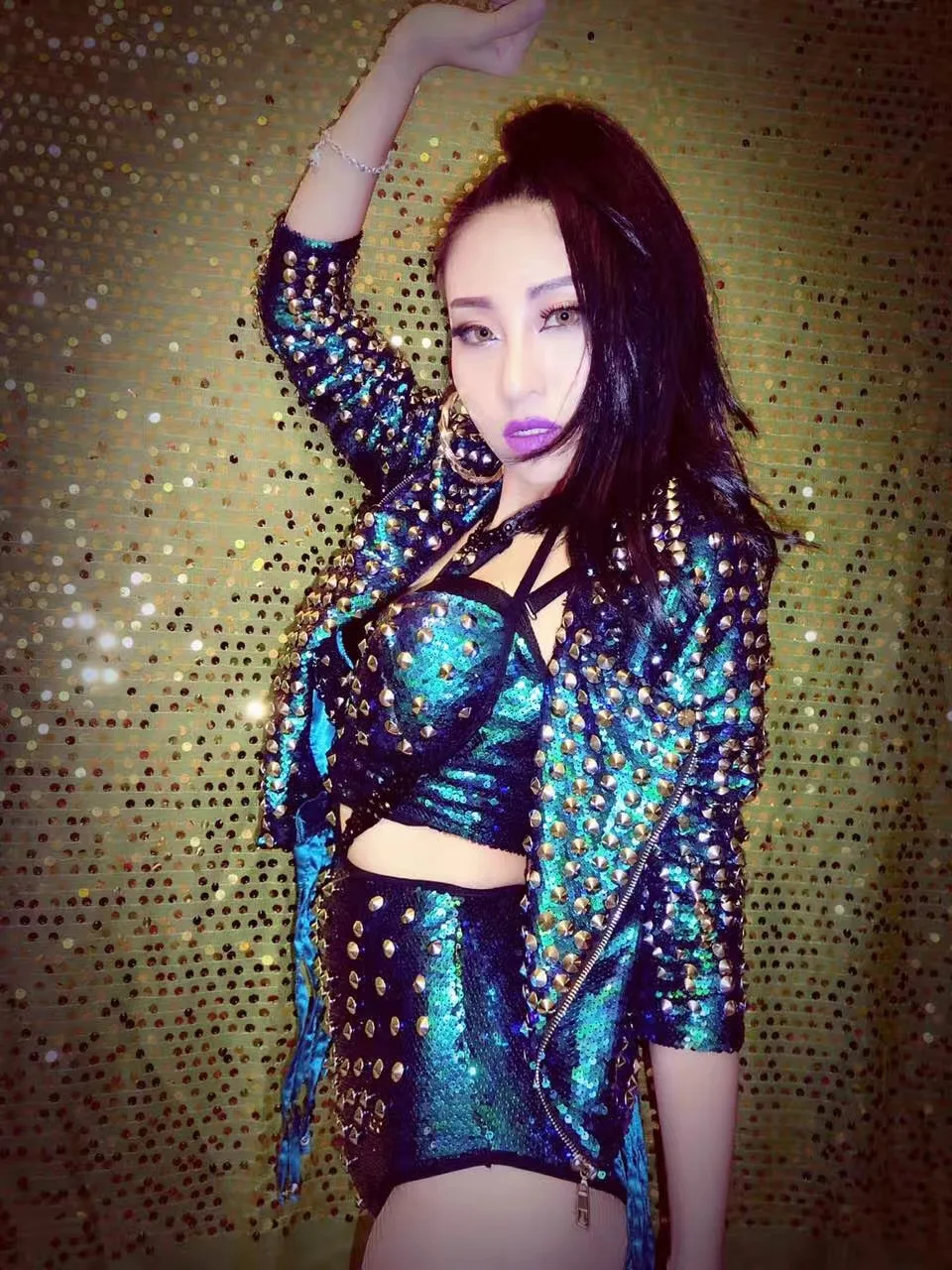 Green Rivets Tassel Punk Jakcet Female Singer Costume Coat Bra High Waist Shorts Stage Performance Nightclub Party Outfit Set |